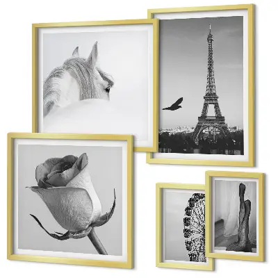 Galeria de parede com imagens elegantes em preto e branco