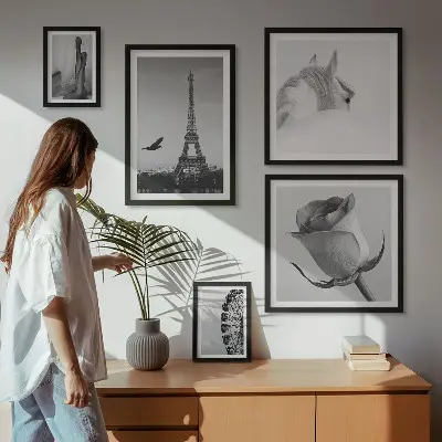 Galeria de parede com imagens elegantes em preto e branco
