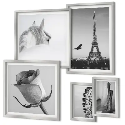 Galeria de parede com imagens elegantes em preto e branco