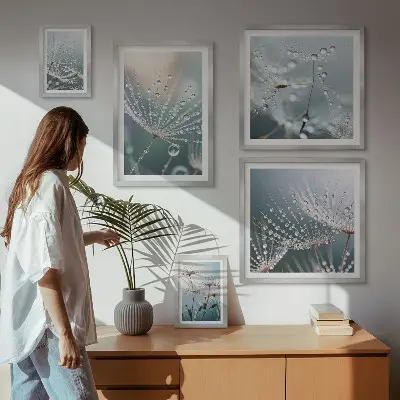 Conjunto de 5 quadros com moldura estampa de plantas minimalistas com gotas de orvalho