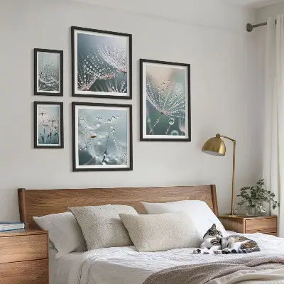 Conjunto de 5 quadros com moldura estampa de plantas minimalistas com gotas de orvalho