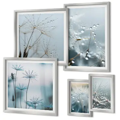 Conjunto de 5 quadros decorativos com motivos vegetais e gotas de água