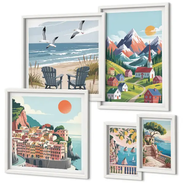 Conjunto de 5 quadros decorativos com paisagens retrô de montanha e mar
