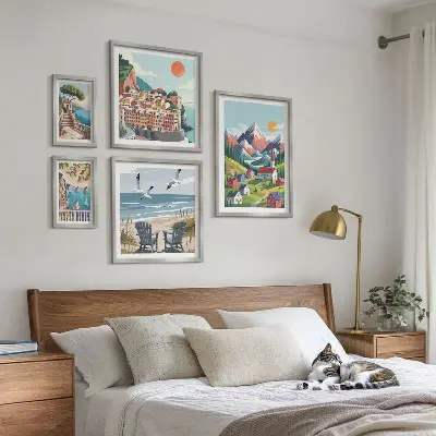 Conjunto de 5 quadros decorativos com paisagens retrô de montanha e mar