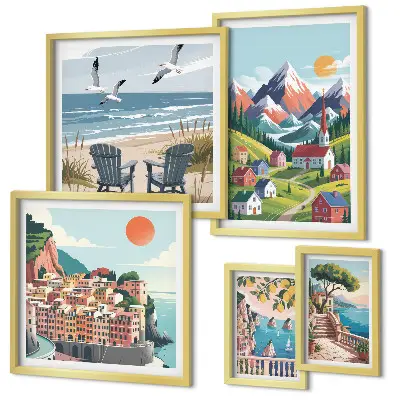 Conjunto de 5 quadros decorativos com paisagens retrô de montanha e mar
