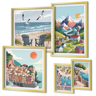 Conjunto de 5 quadros decorativos Paisagens retrô de montanha e mar