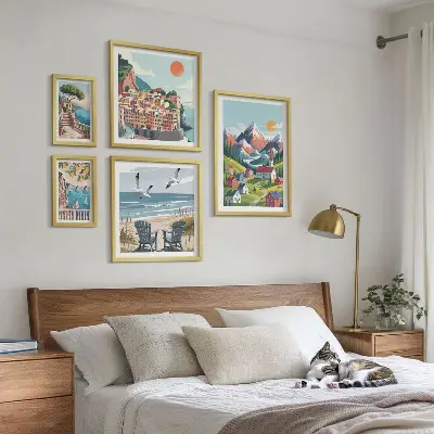 Conjunto de 5 quadros decorativos com paisagens retrô de montanha e mar