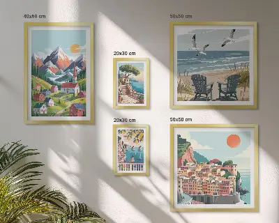 Conjunto de 5 quadros decorativos com paisagens retrô de montanha e mar