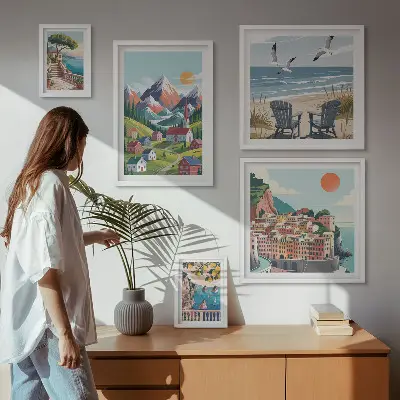 Conjunto de 5 quadros decorativos com paisagens retrô de montanha e mar