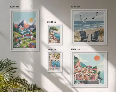 Conjunto de 5 quadros decorativos com paisagens retrô de montanha e mar