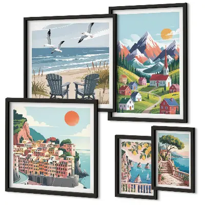 Conjunto de 5 quadros decorativos com paisagens retrô de montanha e mar