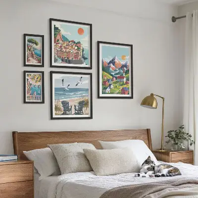 Conjunto de 5 quadros decorativos com paisagens retrô de montanha e mar