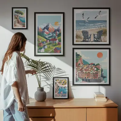 Conjunto de 5 quadros decorativos com paisagens retrô de montanha e mar