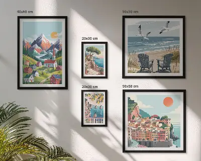 Conjunto de 5 quadros decorativos com paisagens retrô de montanha e mar