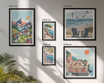 Conjunto de 5 quadros decorativos Paisagens retrô de montanha e mar