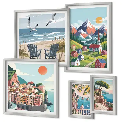 Conjunto de 5 quadros decorativos com paisagens retrô de montanha e mar