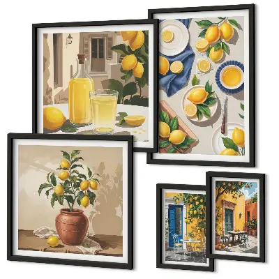 Conjunto de 5 quadros com moldura estampa Ideias Mediterrâneas com Limão