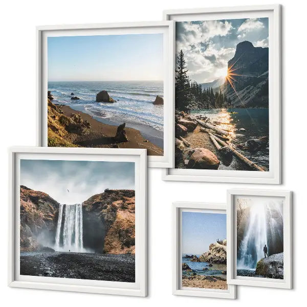 Conjunto de 5 quadros decorativos com estampas de paisagens, cachoeiras e praias