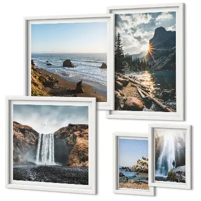 Conjunto de 5 quadros decorativos com estampas de paisagens, cachoeiras e praias