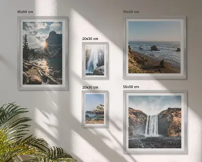Conjunto de 5 quadros decorativos com estampas de paisagens, cachoeiras e praias