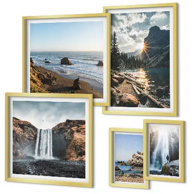 Conjunto de 5 quadros decorativos com estampas de paisagens, cachoeiras e praias