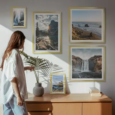 Conjunto de 5 quadros decorativos com estampas de paisagens, cachoeiras e praias