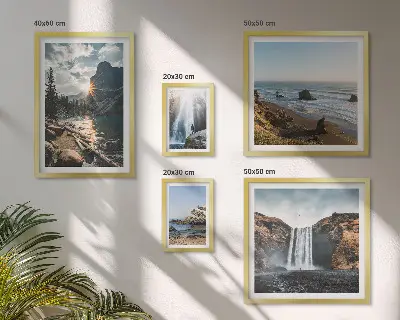 Conjunto de 5 quadros decorativos com estampas de paisagens, cachoeiras e praias