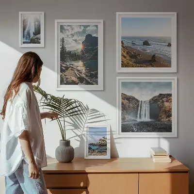 Conjunto de 5 quadros decorativos com estampas de paisagens, cachoeiras e praias