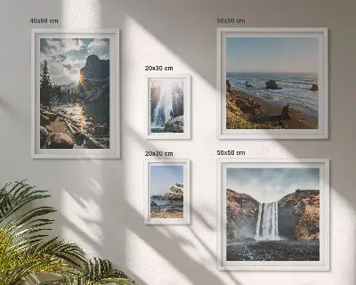 Conjunto de 5 quadros decorativos com estampas de paisagens, cachoeiras e praias