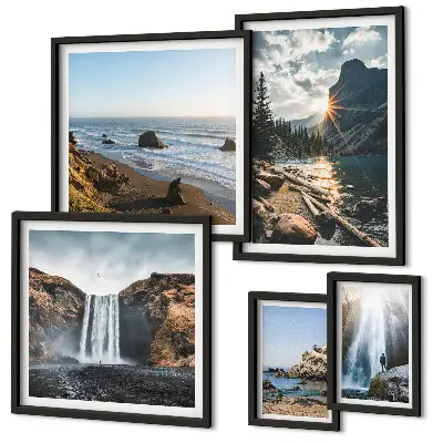Conjunto de 5 quadros decorativos com estampas de paisagens, cachoeiras e praias