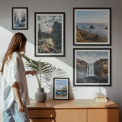 Conjunto de 5 quadros decorativos com estampas de paisagens, cachoeiras e praias