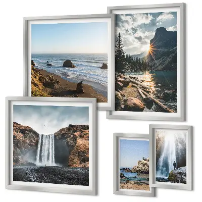 Conjunto de 5 quadros decorativos com estampas de paisagens, cachoeiras e praias