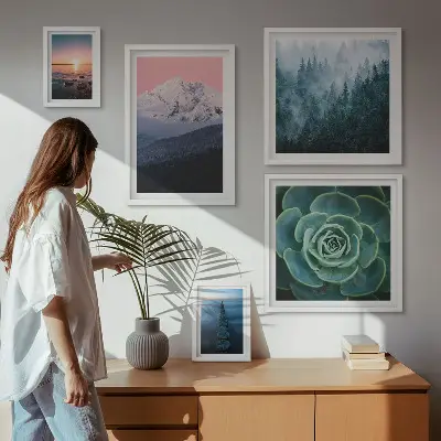 Galeria de parede com paisagens de montanhas e mar estilo boho