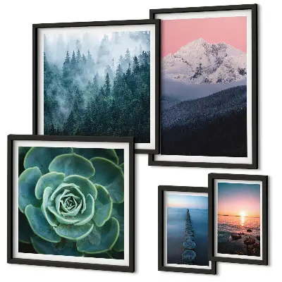 Galeria de parede com paisagens de montanhas e mar estilo boho