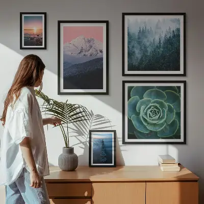Galeria de parede com paisagens de montanhas e mar estilo boho