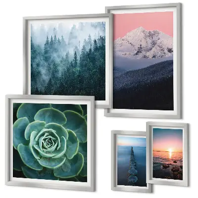 Galeria de parede com paisagens de montanhas e mar estilo boho