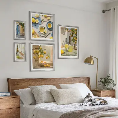 Conjunto de 5 quadros com moldura estampa de limões rústicos para cozinha