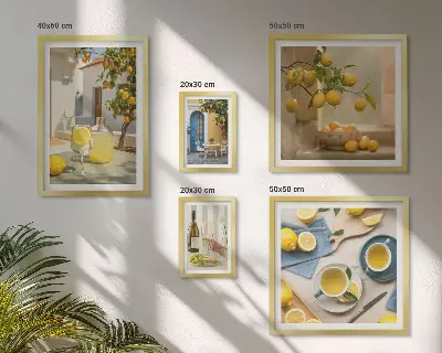 Conjunto de 5 quadros com moldura estampa de limões rústicos para cozinha