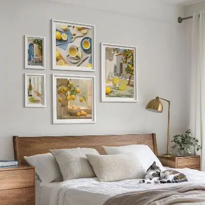Conjunto de 5 quadros com moldura estampa de limões rústicos para cozinha