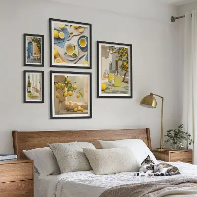 Conjunto de 5 quadros com moldura estampa de limões rústicos para cozinha