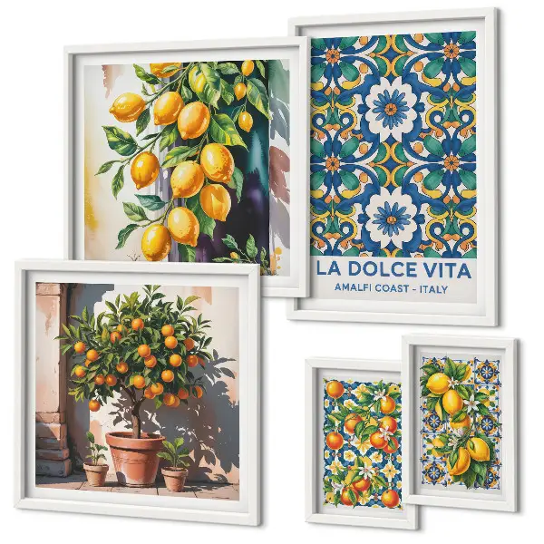 Conjunto de 5 quadros decorativos com estampas italianas de estilo Amalfi e cítricos