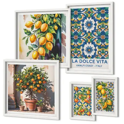 Conjunto de 5 quadros decorativos com estampas italianas de estilo Amalfi e cítricos