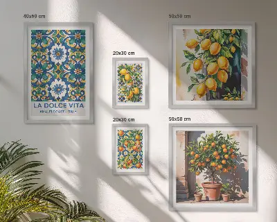 Conjunto de 5 quadros decorativos com estampas italianas de estilo Amalfi e cítricos