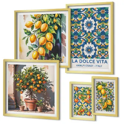 Conjunto de 5 quadros decorativos com estampas italianas de estilo Amalfi e cítricos