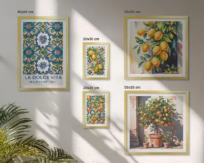 Conjunto de 5 quadros decorativos com estampas italianas de estilo Amalfi e cítricos