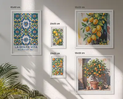 Conjunto de 5 quadros decorativos com estampas italianas de estilo Amalfi e cítricos