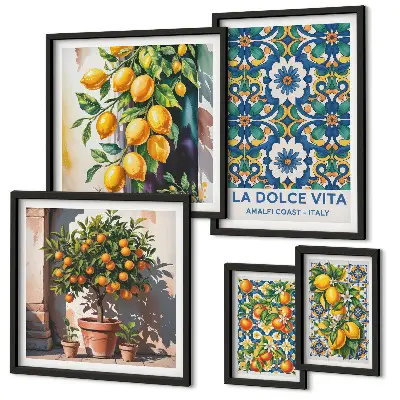 Conjunto de 5 quadros decorativos com estampas italianas de estilo Amalfi e cítricos