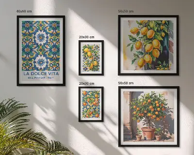 Conjunto de 5 quadros decorativos com estampas italianas de estilo Amalfi e cítricos