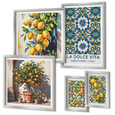 Conjunto de 5 quadros decorativos com estampas italianas de estilo Amalfi e cítricos
