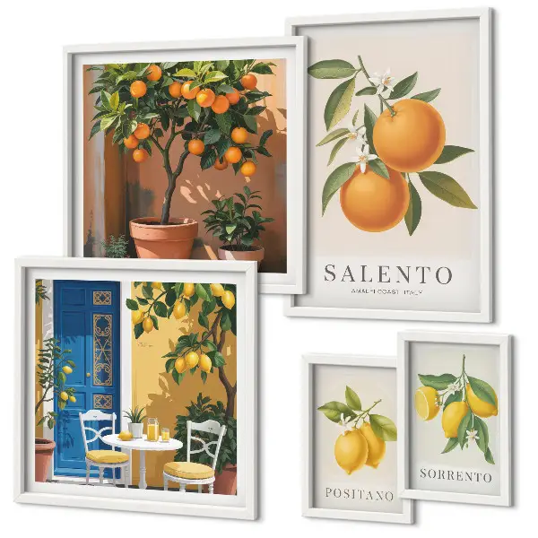 Conjunto de 5 quadros com moldura estilo rústico italiano com tema frutado